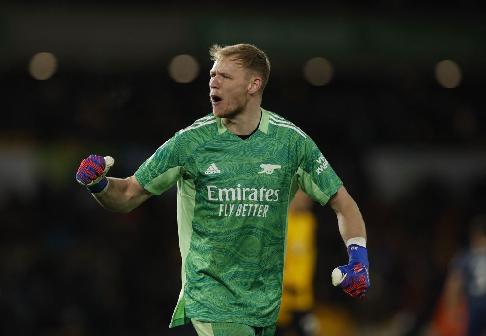 Arsenal's Aaron Ramsdale celebrates after the match against Wolverhampton Wanderers at the Molineux Stadium, Wolverhampton February 10, 2022. u00e2u20acu201d Reuters pic
