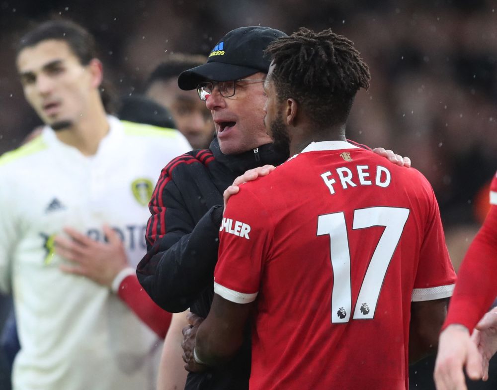 Manchester United interim manager Ralf Rangnick celebrates with Fred after the match against Leeds United at Elland Road, Leeds February 20, 2022. u00e2u20acu201d Reuters picn