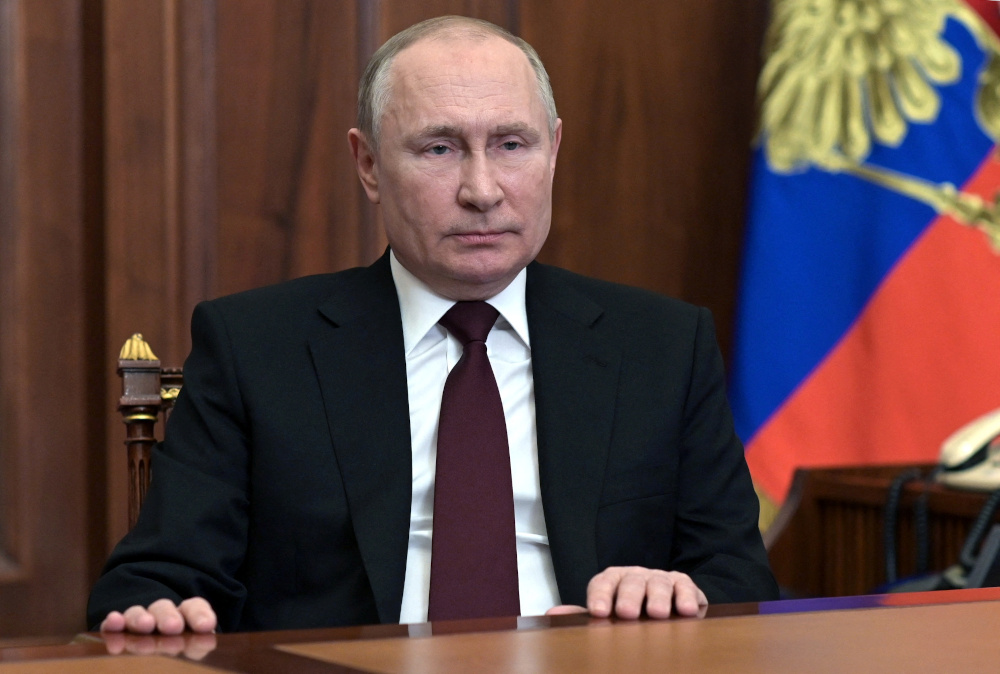 Russian President Vladimir Putin delivers a video address following the initiative of the countryu00e2u20acu2122s lower house of parliament and security council to recognise two breakaway regions in eastern Ukraine as independent entities February 21, 2022. u00e2u20acu201d Sputn