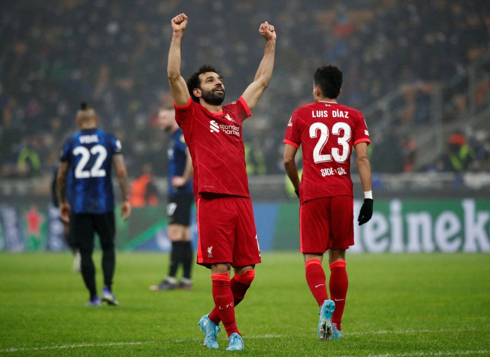 Liverpool's Mohamed Salah celebrates scoring their second goal against Inter Milan at San Siro, Milan February 16, 2022. u00e2u20acu201d Reuters pic