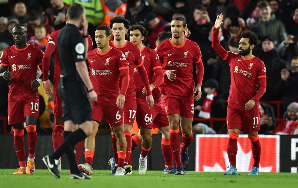 Liverpool's Mohamed Salah celebrates scoring their third goal against Leeds United with teammates at Anfield, Liverpool February 23, 2022. u00e2u20acu201d Reuters pic