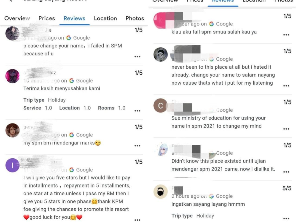 A screenshot of some of the reviews left by the frustrated SPM candidates on Salang Sayang Resort's Google review page. 
