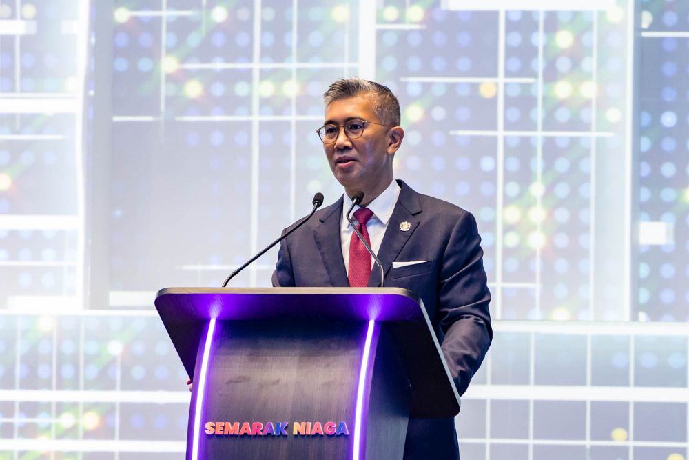 Finance Minister Datuk Seri Tengku Zafrul Abdul Aziz speaks during the launch of the u00e2u20acu02dcSemarak Niaga Keluarga Malaysiau00e2u20acu2122 initiative in Kuala Lumpur February 21, 2022. u00e2u20acu201d Picture by Yusof Mat Isa