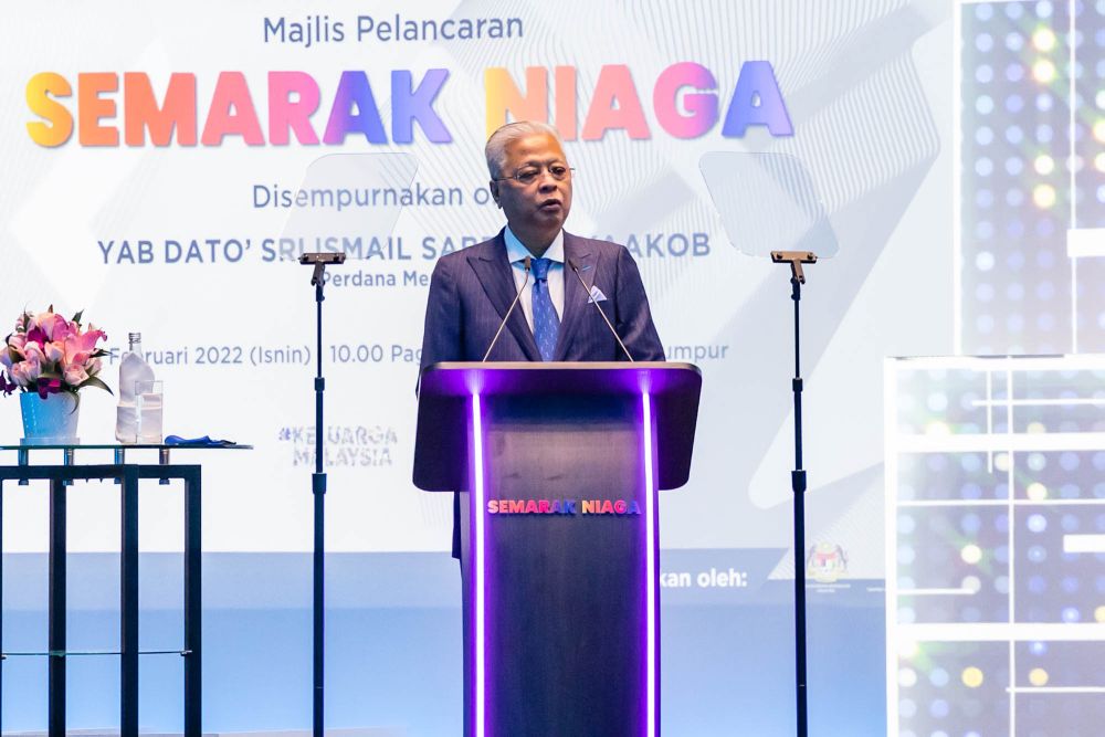Prime Minister Datuk Seri Ismail Sabri Yaakob speaks during the launch of the u00e2u20acu02dcSemarak Niaga Keluarga Malaysiau00e2u20acu2122 initiative in Kuala Lumpur February 21, 2022. u00e2u20acu201d Picture by Yusof Mat Isa