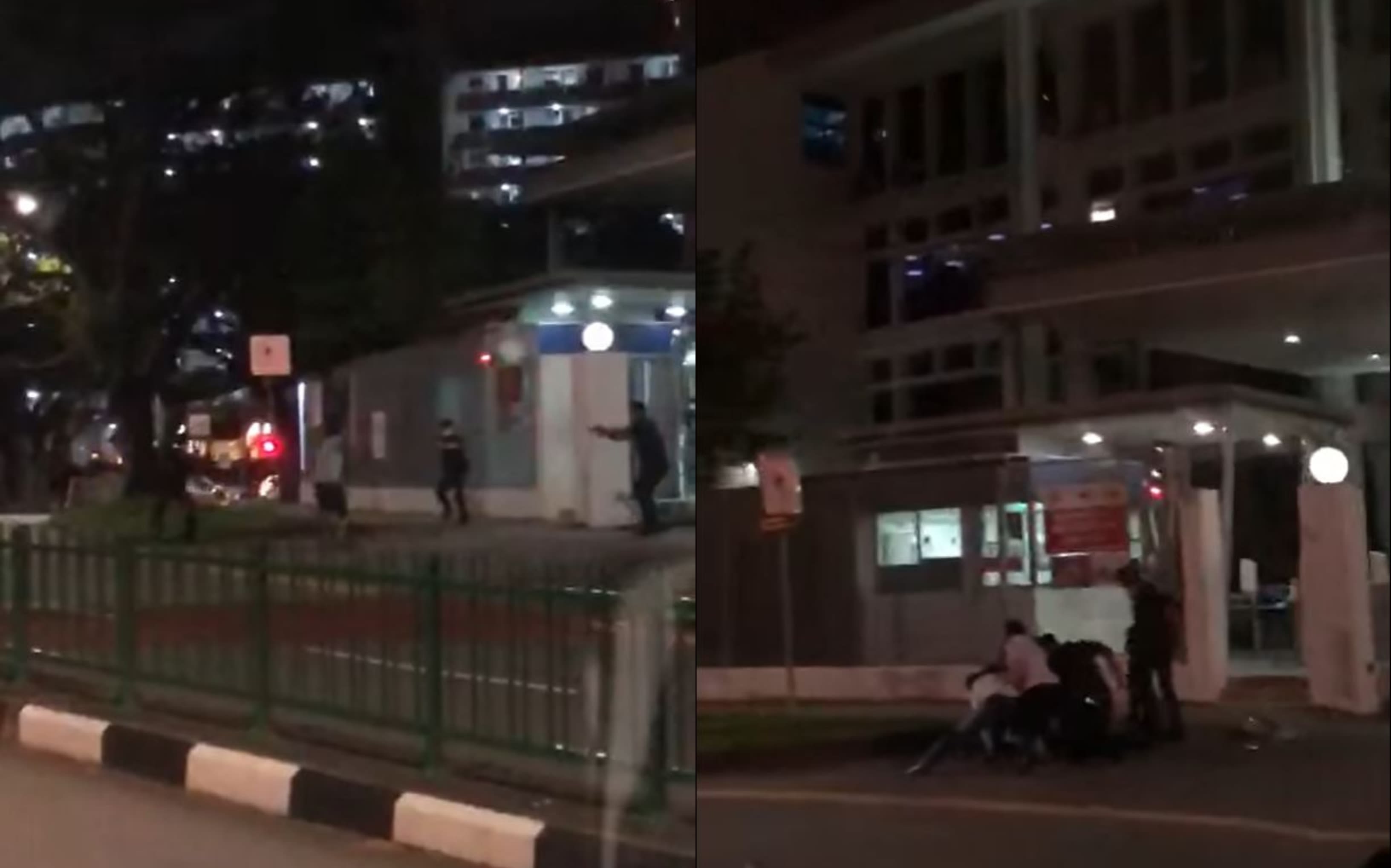 Screenshots from a video posted on Facebook, a commotion outside Clementi Neighbourhood Police Centre along Clementi Avenue 5. u00e2u20acu2022 Picture via TODAY