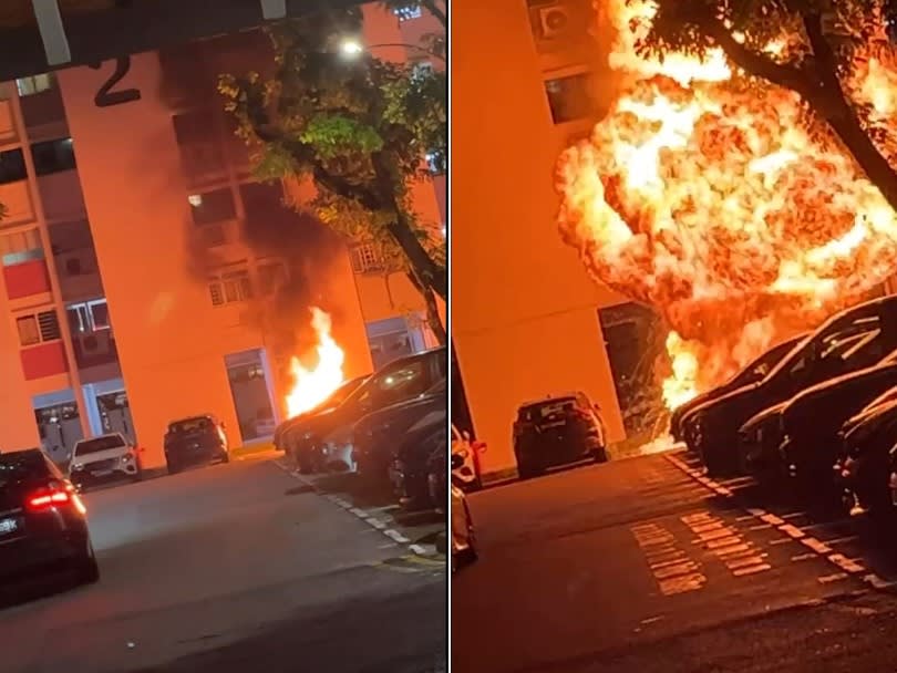 A video on TikTok shows a motorcycle bursting into flames at a car park in Bishan on February 9, 2022. u00e2u20acu2022 Picture via social media
