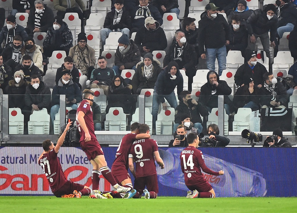 Torino's Andrea Belotti celebrates with teammates after scoring the first goal against Juventus February 19, 2022. u00e2u20acu2022 Reuters pic