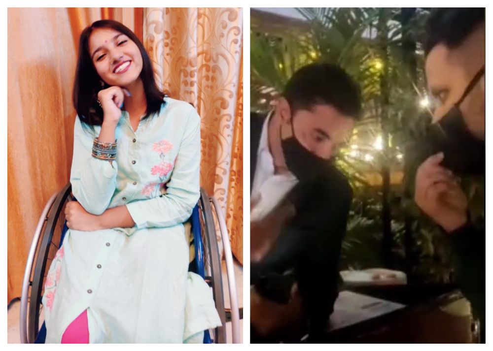 Srishti (left) was angry after the restaurant's manager (in black and white) refused to let her inside the restaurant. u00e2u20acu201d Twitter screengrab