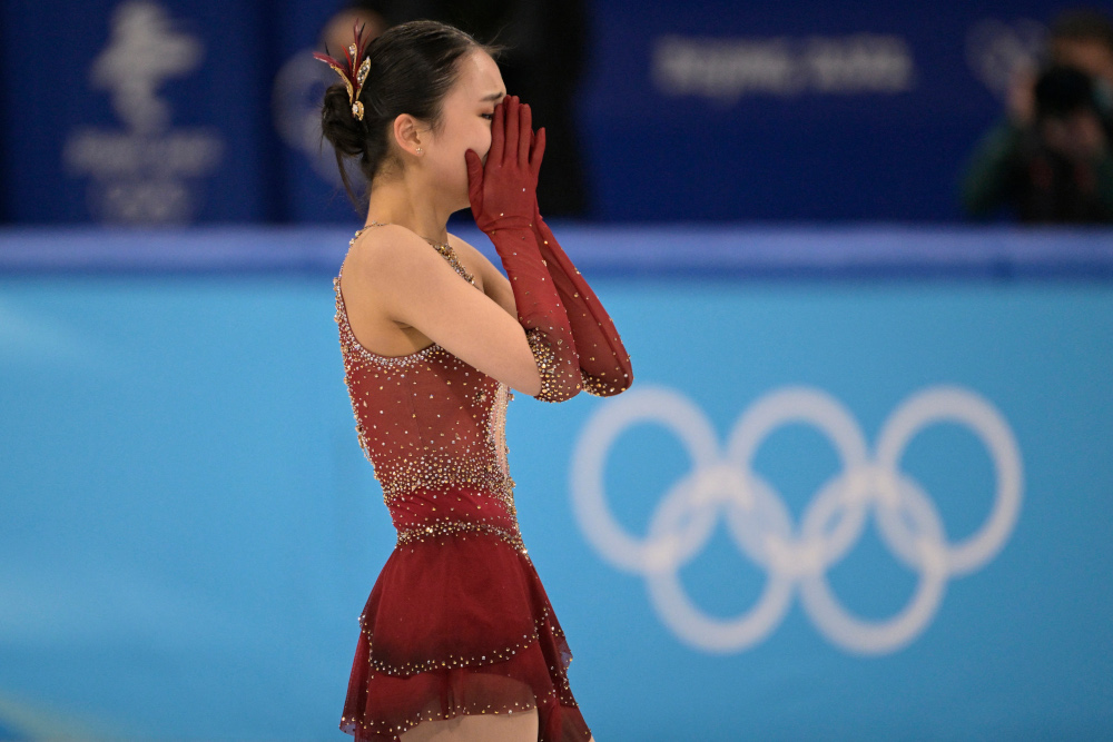 Chinau00e2u20acu2122s Zhu Yi cries after competing in the womenu00e2u20acu2122s single skating free skating of the figure skating team event during the Beijing 2022 Winter Olympic Games at the Capital Indoor Stadium in Beijing, February 7, 2022. u00e2u20acu201d AFP pic 