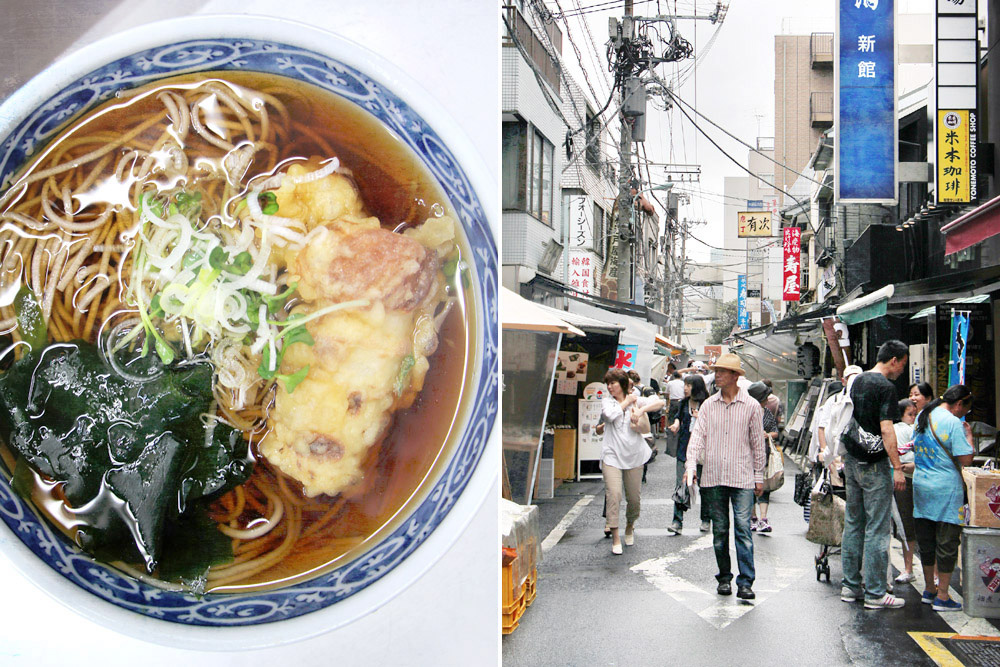 A hot bowl of soba and tempura (left). Wandering the streets of a morning market.