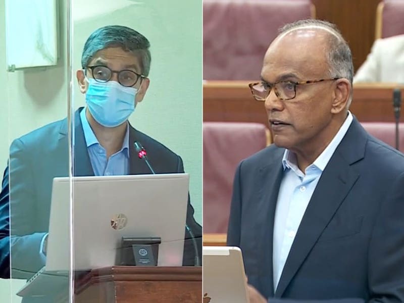 Leon Perera (left), Workersu00e2u20acu2122 Party Member of Parliament, and Law and Home Affairs Minister K. Shanmugam (right) speaking during a Committee of Supply debate on March 3, 2022. u00e2u20acu201d CNA screengrab via TODAY