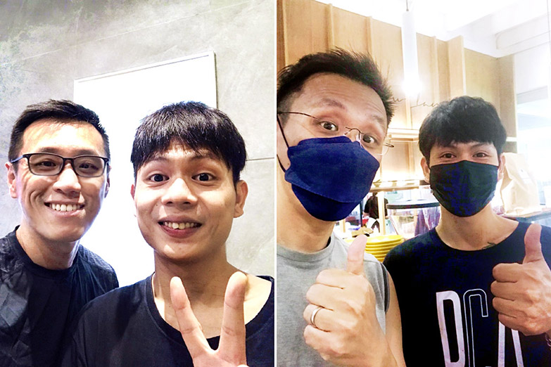 The writer and a long-lost barista friend, before the pandemic (left) and during (right).