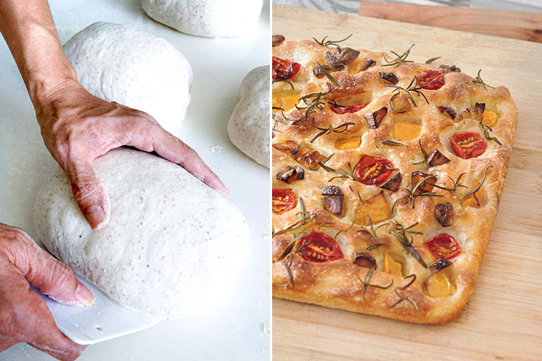 Shaping sourdough (left) into all manner of breads including focaccia (right).