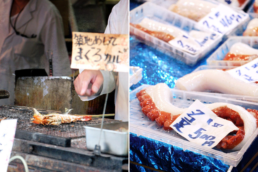 Grilled crayfish (left) and octopus tentacles (right).
