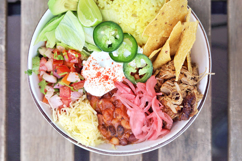 Yellow Lane’s burrito bowl with Mexican beans, 'pico de gallo', avocado, sour cream and jalapeños.