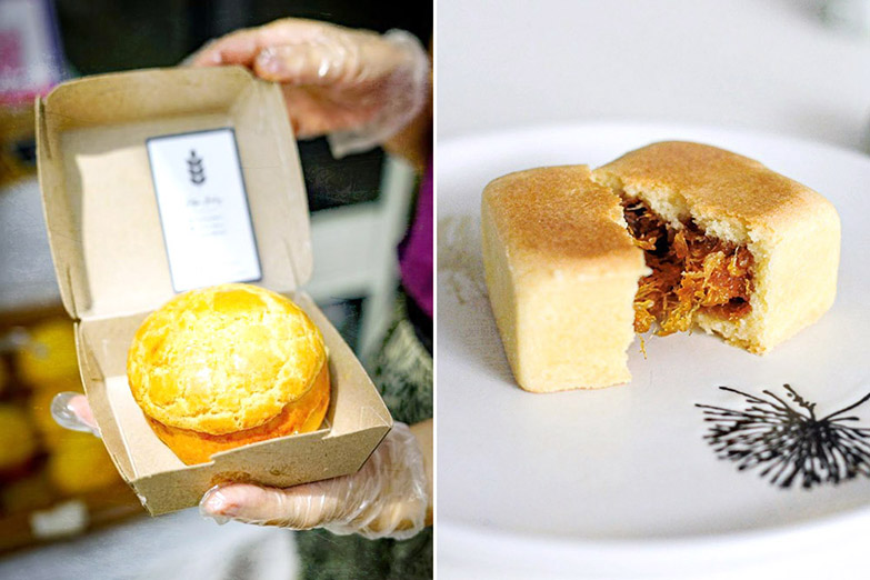 Polo buns are best served hot, with cold butter (left). Sweet pineapple filling in the Taiwanese shortcakes (right).