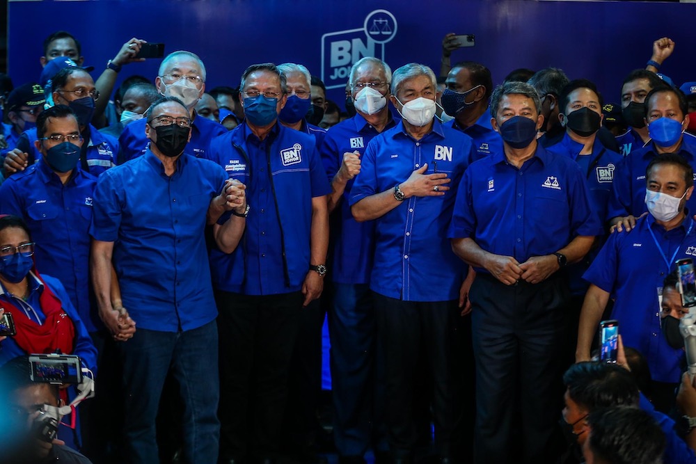 BN chairman Datuk Seri Ahmad Zahid Hamidi at the press conference after the party won the Johor polls at the Barisan Nasional command center in the Johor Umno Liaison Hall, Johor Baru March 12, 2022. u00e2u20acu201d Picture by Hari Anggara