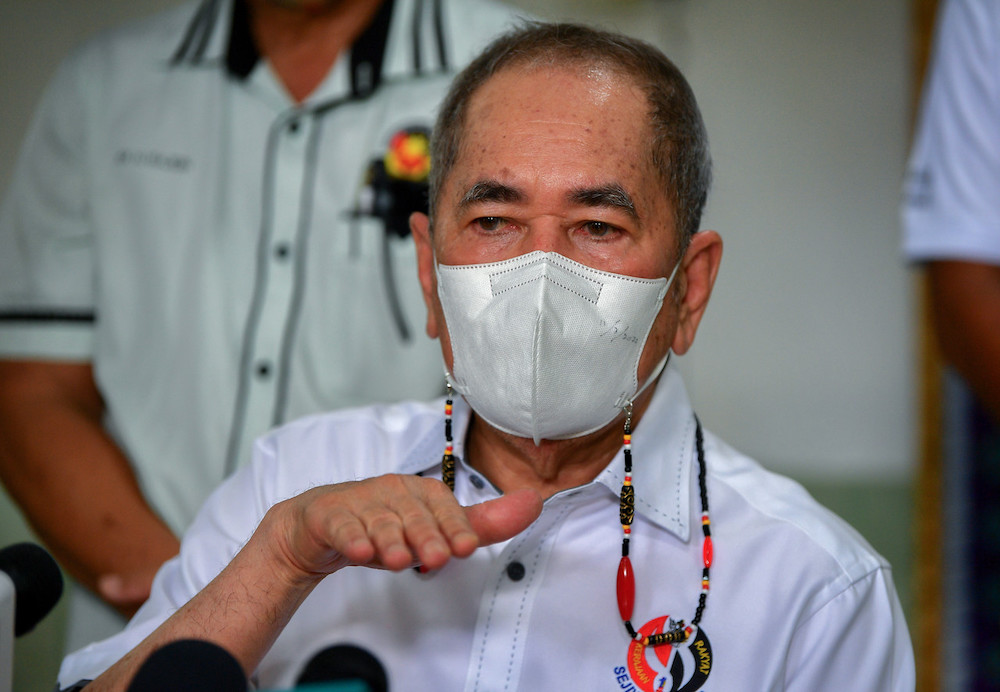 Minister in the Prime Minister's Department (Parliament and Law) Datuk Seri Wan Junaidi Tuanku Jaafar speaks to reporters in Kuching March 13, 2022. u00e2u20acu201d Bernama pic