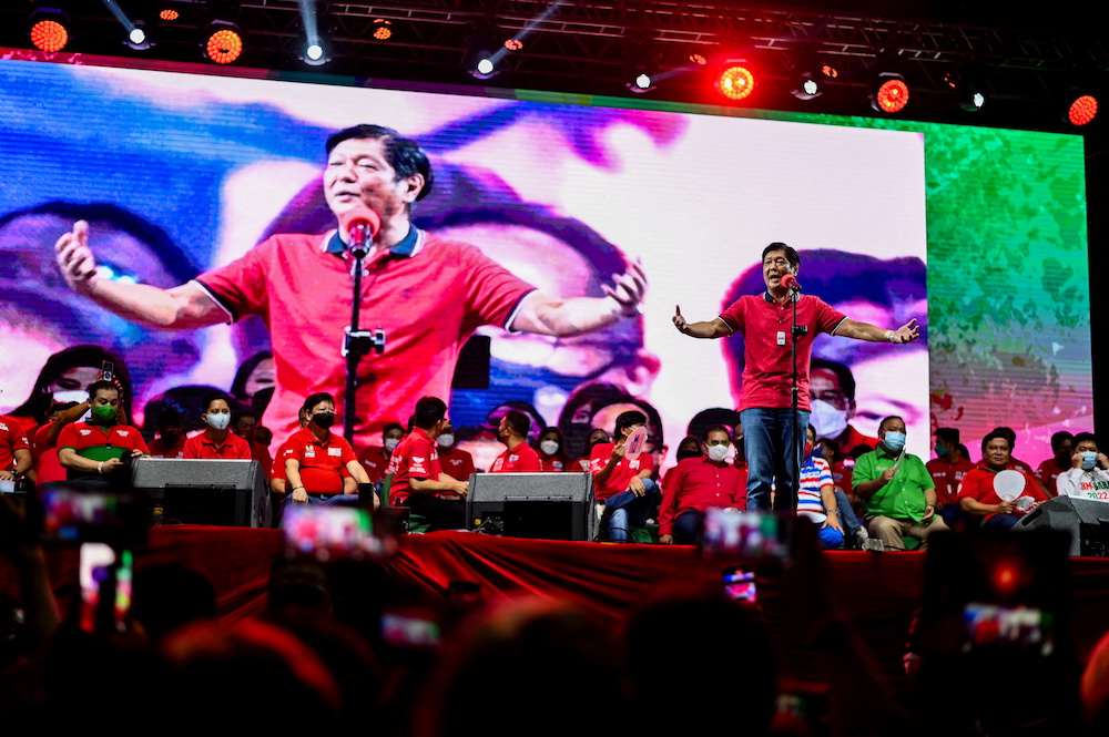Philippine presidential candidate Ferdinand Marcos Jr. gestures as he speaks during a campaign rally in Quezon City, Metro Manila, Philippines February 14, 2022. u00e2u20acu201d Reuters pic