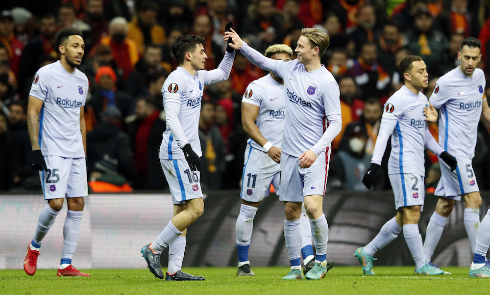 FC Barcelona's Pedri celebrates scoring their first goal with Frenkie de Jong and teammates, Istanbul March 17, 2022. u00e2u20acu201d Reuters pic 