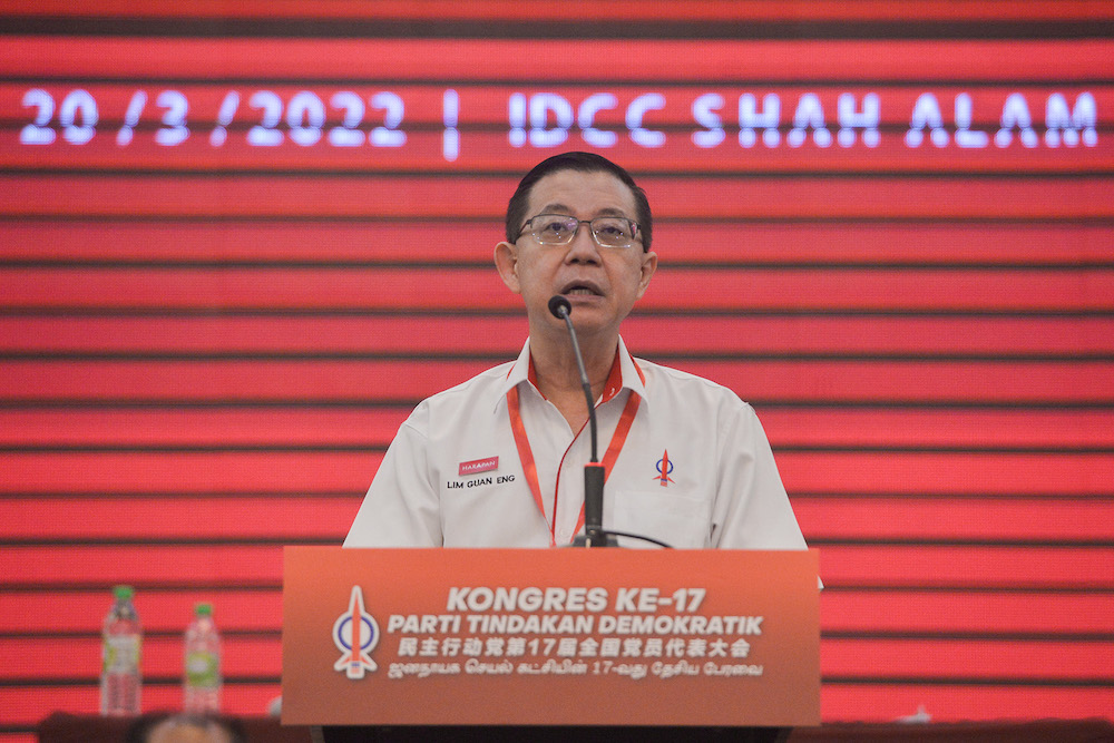 DAP secretary-general Lim Guan Eng speaks at the opening of DAPu00e2u20acu2122s 17th annual congress in IDCC, Shah Alam March 20, 2022. u00e2u20acu201d Picture by Miera Zulyana