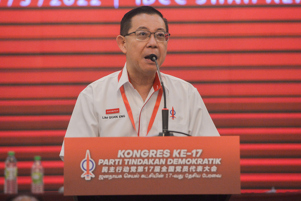 DAP secretary-general Lim Guan Eng speaks at the opening of DAP’s 17th annual congress in IDCC, Shah Alam March 20, 2022. — Picture by Miera Zulyana