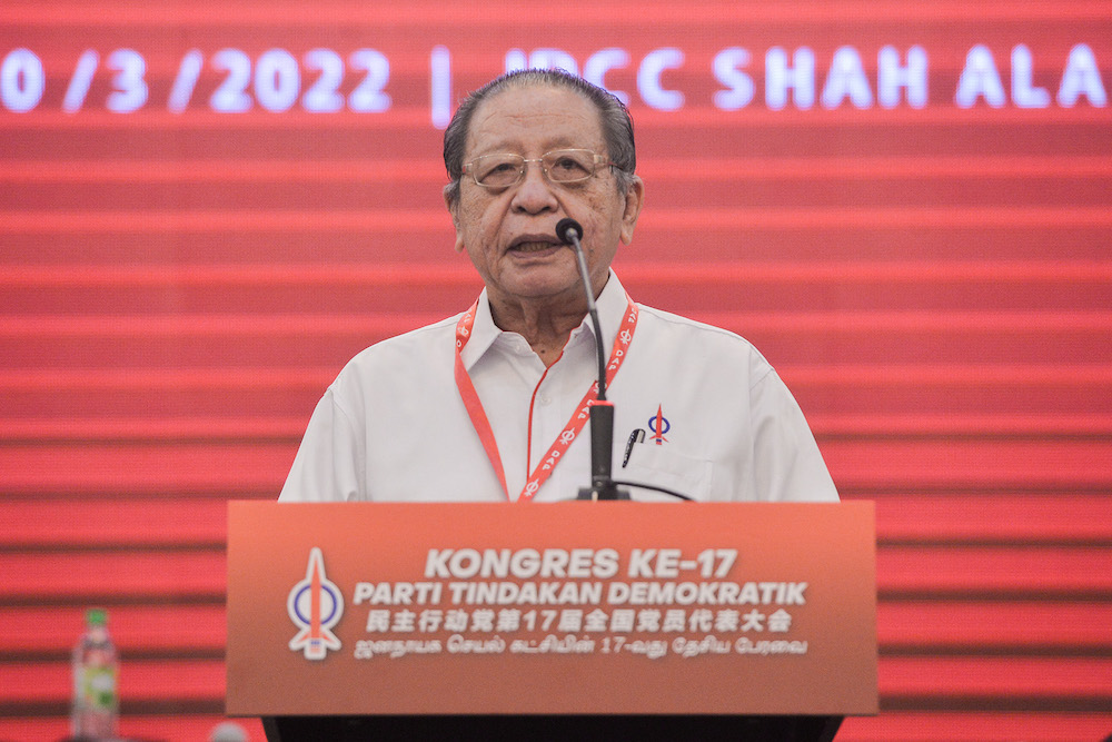 DAP advisor Lim Kit Siang speaks at opening ceremony of DAPu00e2u20acu2122s 17th annual congress in IDCC, Shah Alam March 20, 2022. u00e2u20acu201d Picture by Miera Zulyana