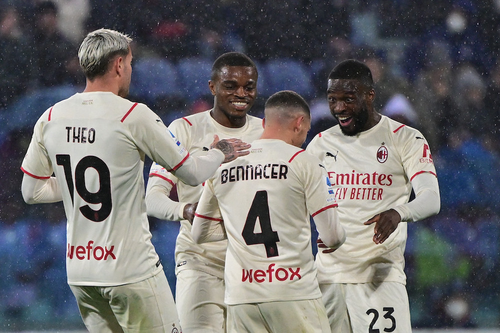AC Milan's Ismael Bennacer celebrates scoring their first goal against Cagliari with teammates, Cagliari March 19, 2022. u00e2u20acu201d Reuters pic 