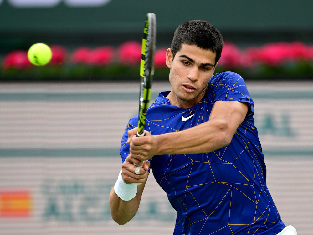 Carlos Alcaraz plays against Rafael Nadal in their semifinal match in the BNP Paribas Open at the Indian Wells Tennis Garden, March 19, 2022. u00e2u20acu201d Jayne Kamin-Oncea-USA TODAY Sports pic