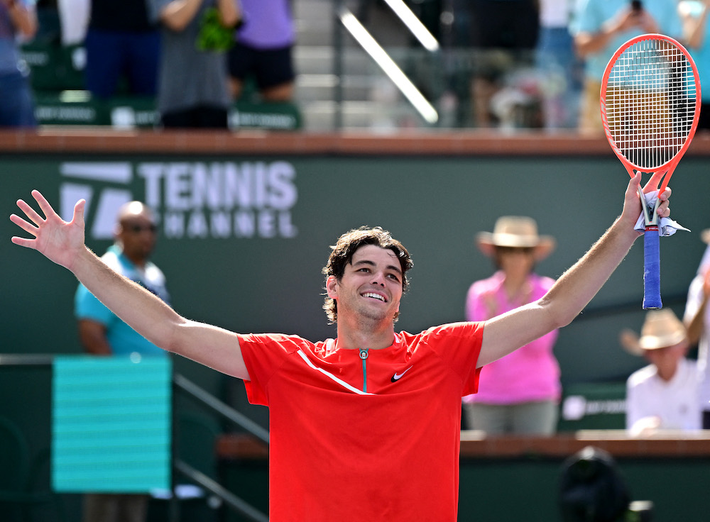 Taylor Fritz celebrates defeating Andrey Rublev in their semifinal match in the BNP Paribas Open at the Indian Wells Tennis Garden. u00e2u20acu201dJayne Kamin-Oncea-USA TODAY Sports pic