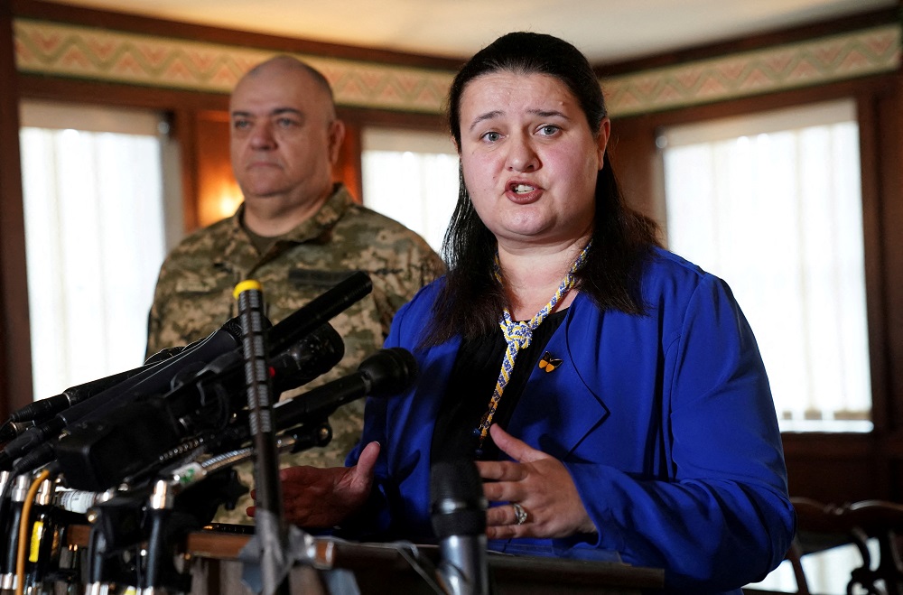 Major General Borys Kremenetskyi, Defence Attache, Embassy of Ukraine, stands at the side of Ukrainian Ambassador to the US Oksana Markarova as she speaks to reporters at the Ukraine Embassy in Washington February 24, 2022. u00e2u20acu201d Reuters pic