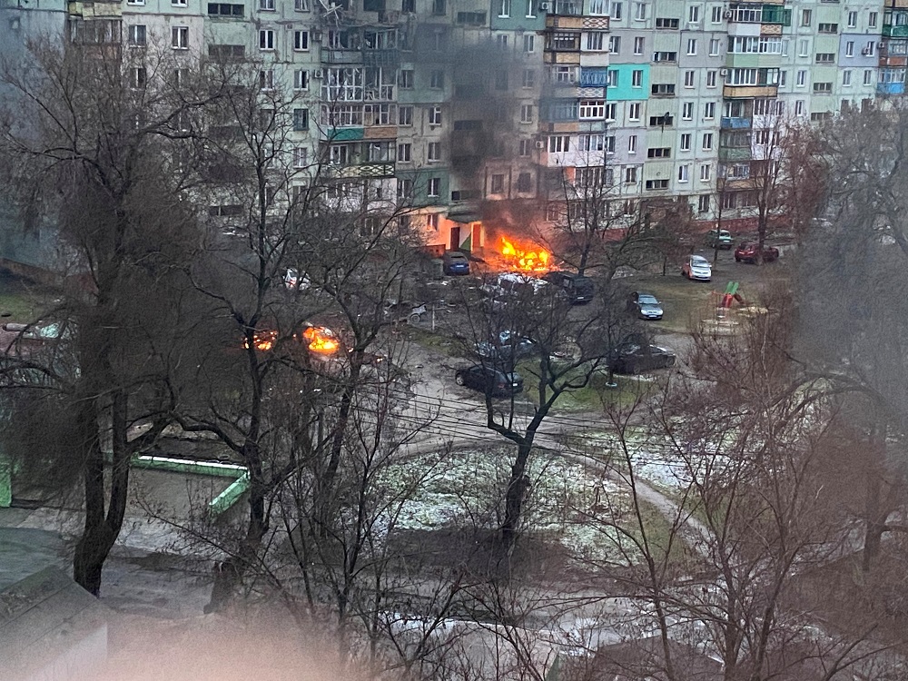 Fire is seen in Mariupol at a residential area after shelling amid Russiau00e2u20acu2122s invasion of Ukraine March 3, 2022, in this image obtained from social media. u00e2u20acu201d Picture via Twitter/AyBurlachenko via Reuters