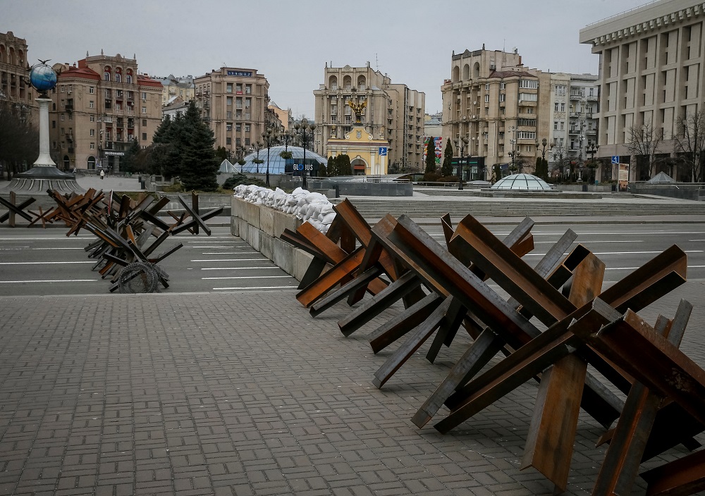 Anti-tank constructions are seen in central Kyiv March 7, 2022. u00e2u20acu201d Reuters pic