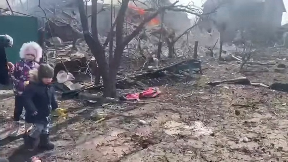 Screengrab from a video posted on social media showing the aftermath of Russian artillery shelling on a residential area in Mariupol, Ukraine March 10, 2022. u00e2u20acu201d Picture courtesy of Armed Forces of Ukraine/Handout via Reuters
