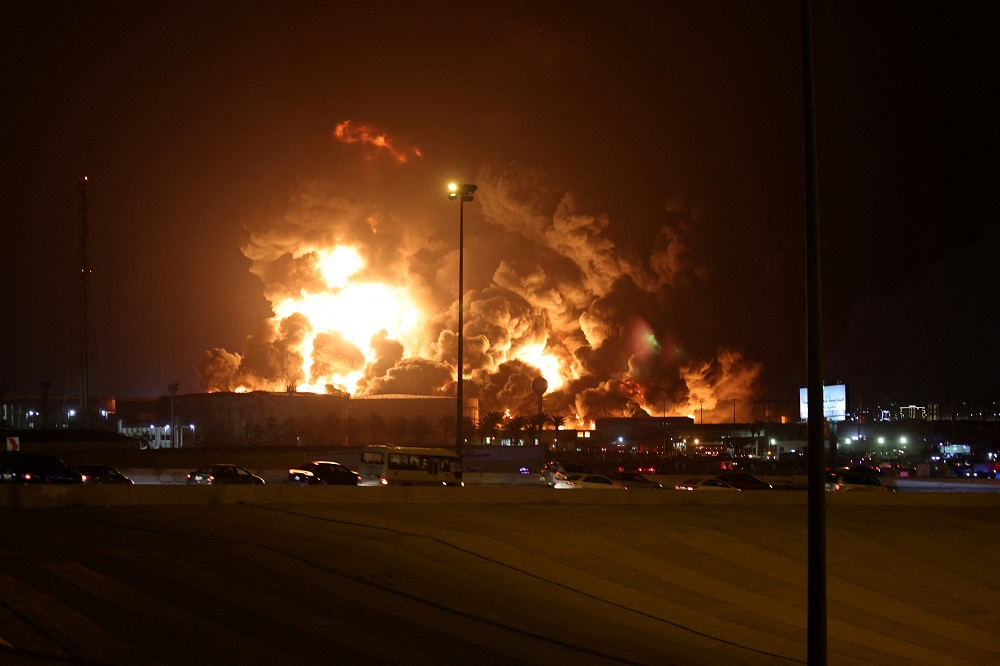 A view of a fire at Saudi Aramcou00e2u20acu2122s petroleum storage facility, after an attack, in Jeddah, Saudi Arabia March 25, 2022. u00e2u20acu201d Reuters pic