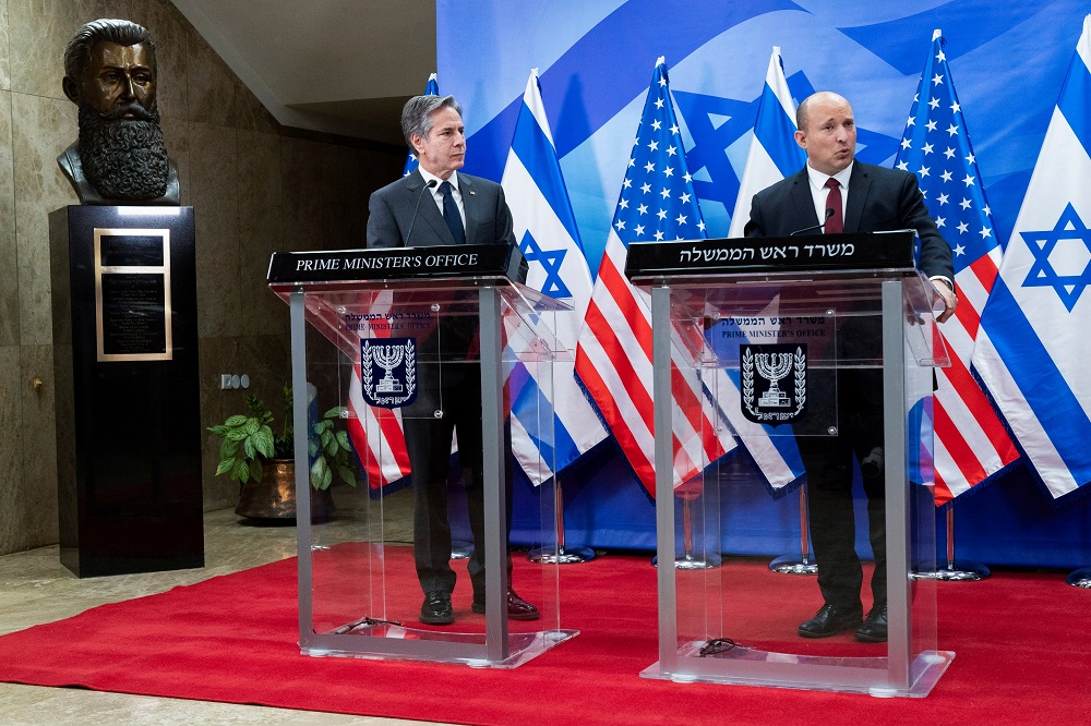 Israeli Prime Minister Naftali Bennett and US Secretary of State Antony Blinken meet at the Prime Minister's office in Jerusalem March 27, 2022. u00e2u20acu201d Reuters pic