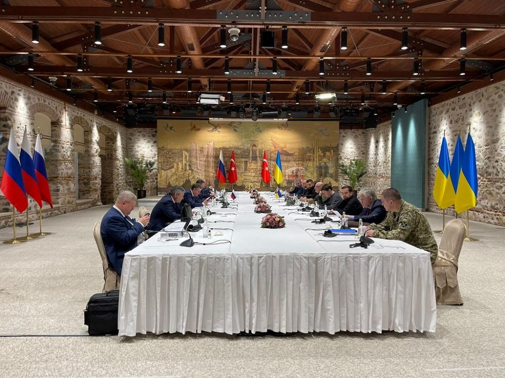 Members of the Ukrainian delegation attend the talks with Russian negotiators, as Russia's attack on Ukraine continues, in Istanbul, Turkey March 29, 2022. u00e2u20acu201d Picture by Ukrainian Presidential Press Service/Handout via Reuters