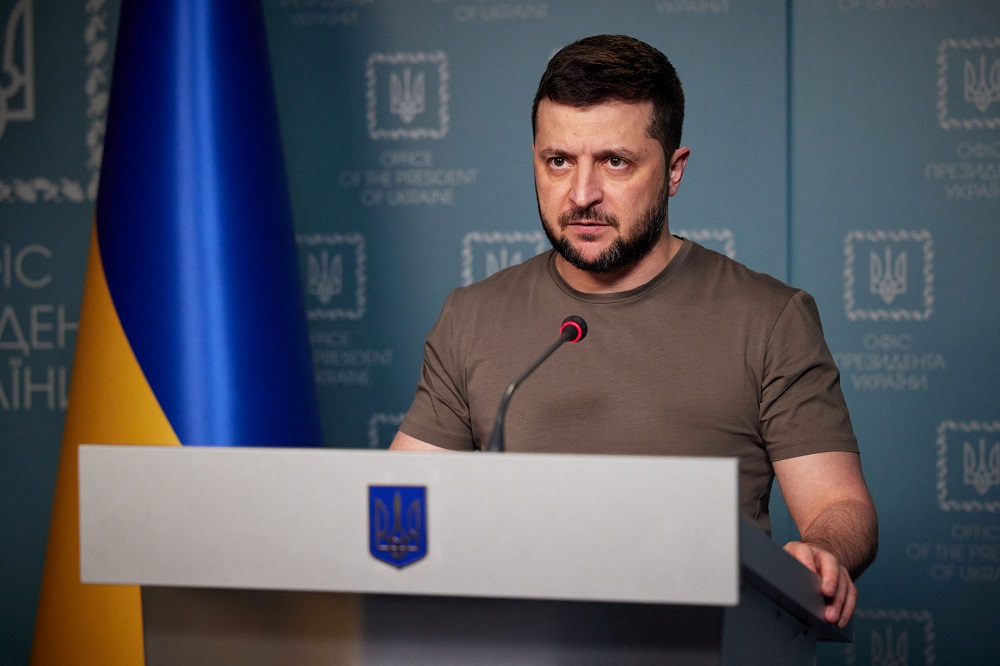 Ukraine's President Volodymyr Zelensky addresses the Ukrainian people, as Russia?s attack on Ukraine continues, in Kyiv March 29, 2022. u00e2u20acu201d Picture courtesy of Ukrainian Presidential Press Service/Handout via Reuters