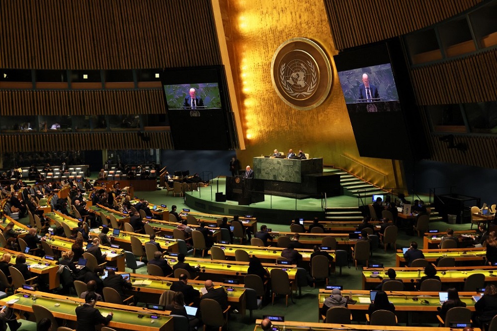 Members of the United Nations (UN) Security Council listen Vasily Nebenzya, Permanent Representative of Russia to the UN speaks during a special session of the General Assembly at the UN headquarters in New York February 28, 2022. u00e2u20acu201d AFP pic 