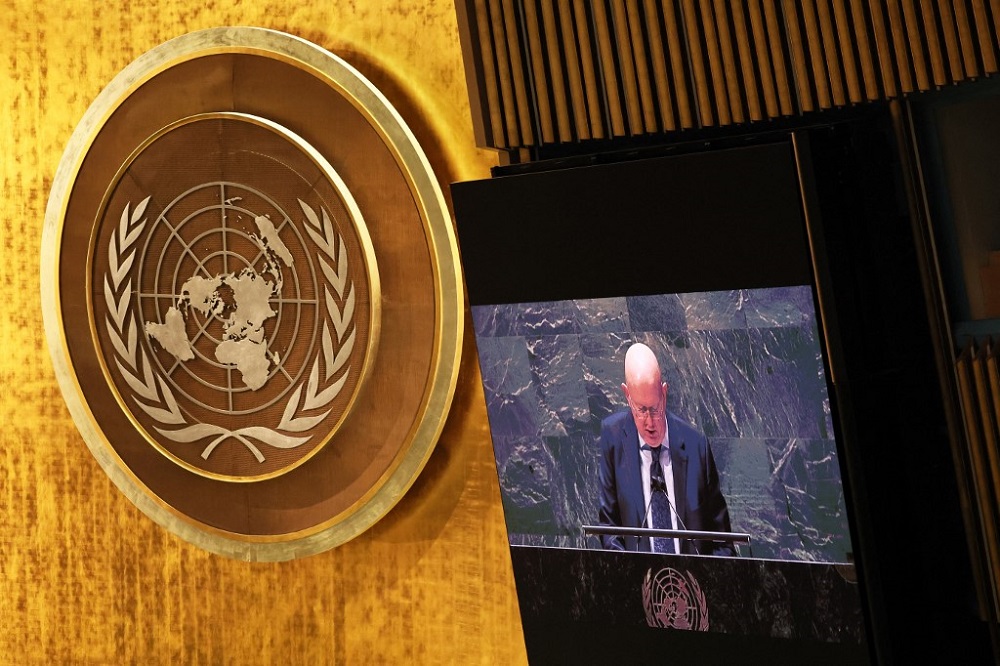 Vasily Nebenzya, Permanent Representative of Russia to the United Nations (UN) speaks during a special session of the General Assembly at the UN headquarters in New York February 28, 2022. u00e2u20acu201d AFP pic