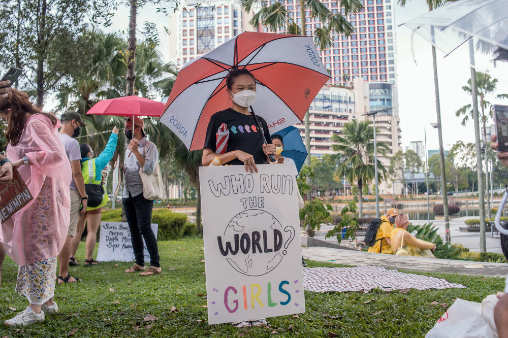 Participants take part in the Womenu00e2u20acu2122s March event in conjunction with Womenu00e2u20acu2122s Day, organised by WomenMarchMy at Taman Jaya Park in Petaling Jaya, March 6, 2022. u00e2u20acu201d Picture by Shafwan Zaidon 