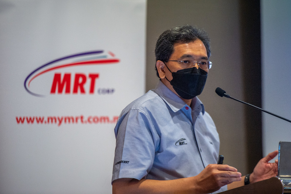 Mass Rapid Transit Corporation CEO Datuk Mohd Zarif Hashim delivers his speech during the press conference on MRT 3 circle line project in Bangsar, Kuala Lumpur March 15, 2022. — Picture by Shafwan Zaidon