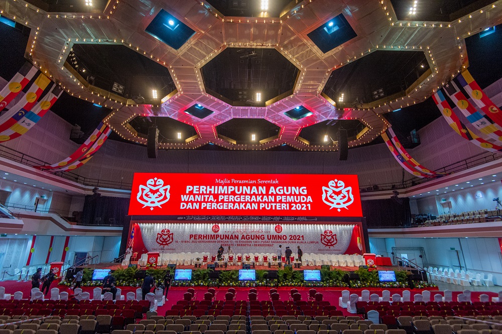 A general view of the main stage set up ahead of the general assembly of Umnou00e2u20acu2122s Women, Youth and Puteri Wing in Kuala Lumpur March 16, 2022. u00e2u20acu201d Picture by Shafwan Zaidon