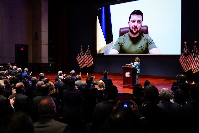 Ukraineu00e2u20acu2122s President Volodymyr Zelenskiy delivers a video address to senators and members of the House of Representatives gathered in the Capitol Visitor Centre Congressional Auditorium at the US Capitol in Washington March 16, 2022. u00e2u20acu201d Reuters pic