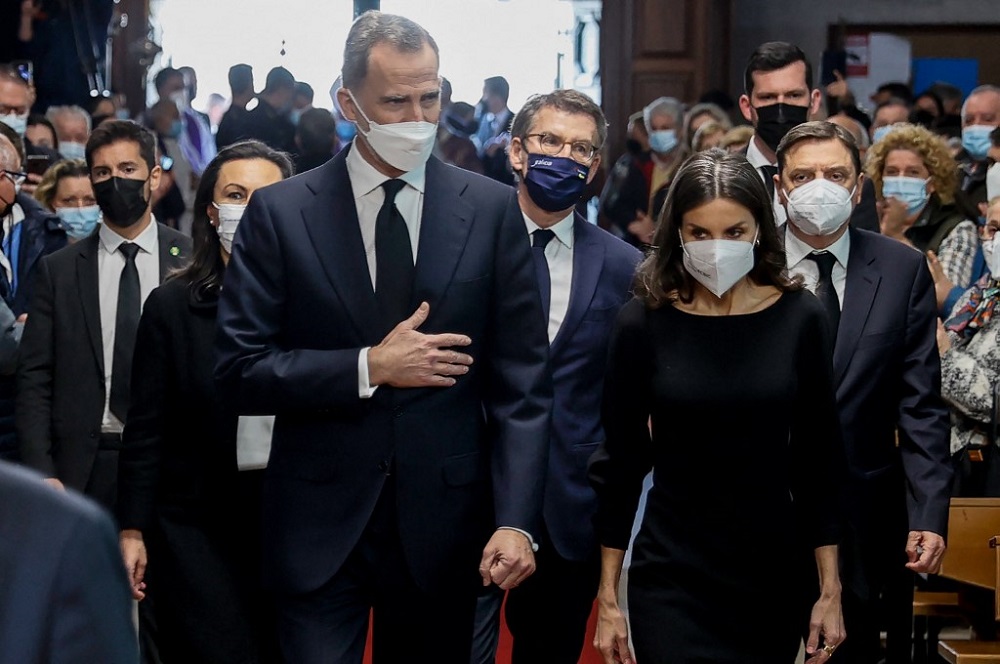 Spain's King Felipe VI (left) and Spain's Queen Letizia (right) arrive to attend the funeral of the sailors who died when the Spanish trawler Villa de Pitanxo sank off the coast of Canada, in Marin, northwestern Spain March 18, 2022. u00e2u20acu201d AFP pic
