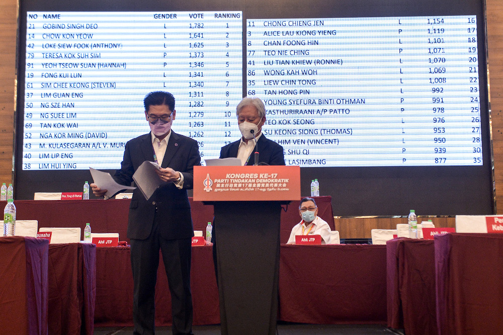 Candidates for the DAP supreme council lineup are seen during DAP’s 17th Party Congress in IDCC on March 20, 2022. — Picture by Miera Zulyana