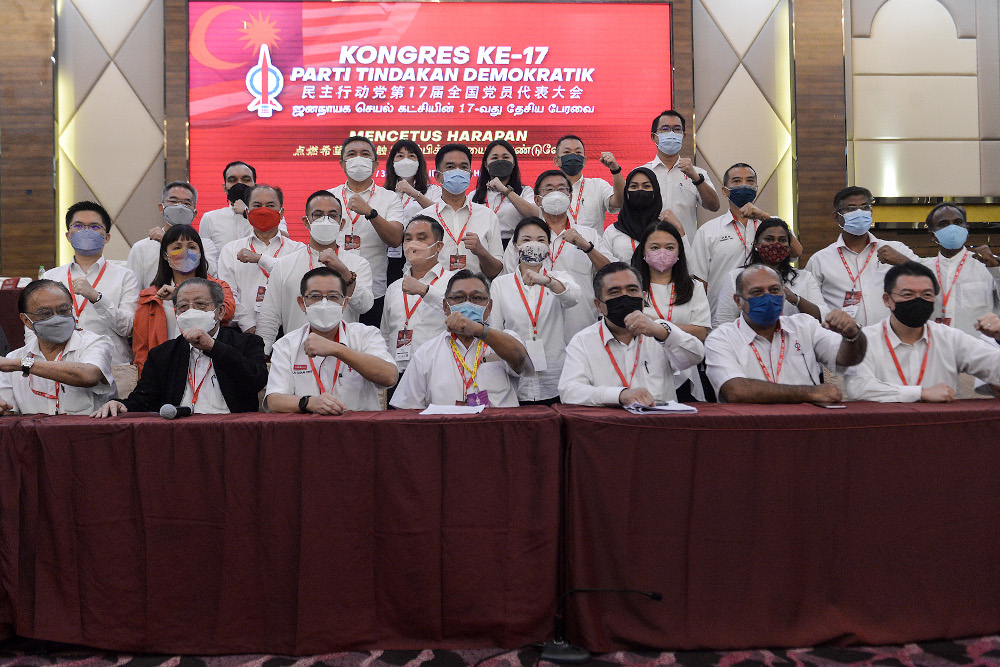 The DAP supreme council lineup is seen during DAP’s 17th Party Congress in IDCC on March 20, 2022. — Picture by Miera Zulyana