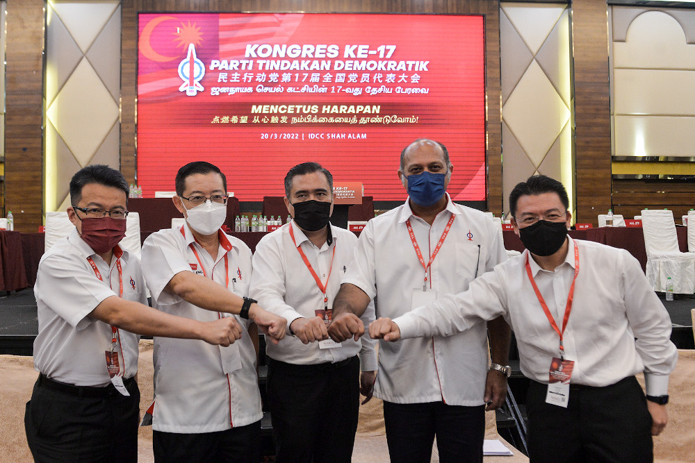 (From left) DAP deputy secretary-general Liew Chin Tong, DAP national chairman Lim Guan Eng, DAP secretary-general Anthony Loke Siew Fook, DAP deputy national chairman Gobind Singh Deo and DAP vice national chairman, Nga Kor Ming March 20, 2022. u00e2u20acu201d Pictu