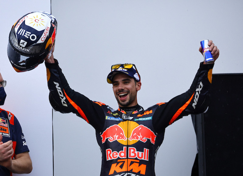 Red Bull KTM Factory Racing's Miguel Oliveira celebrates on the podium after winning the MotoGP Indonesian Grand Prix at Mandalika International Street Circuit, Kuta, Lombok, Indonesia March 20, 2022. u00e2u20acu201d Reuters pic