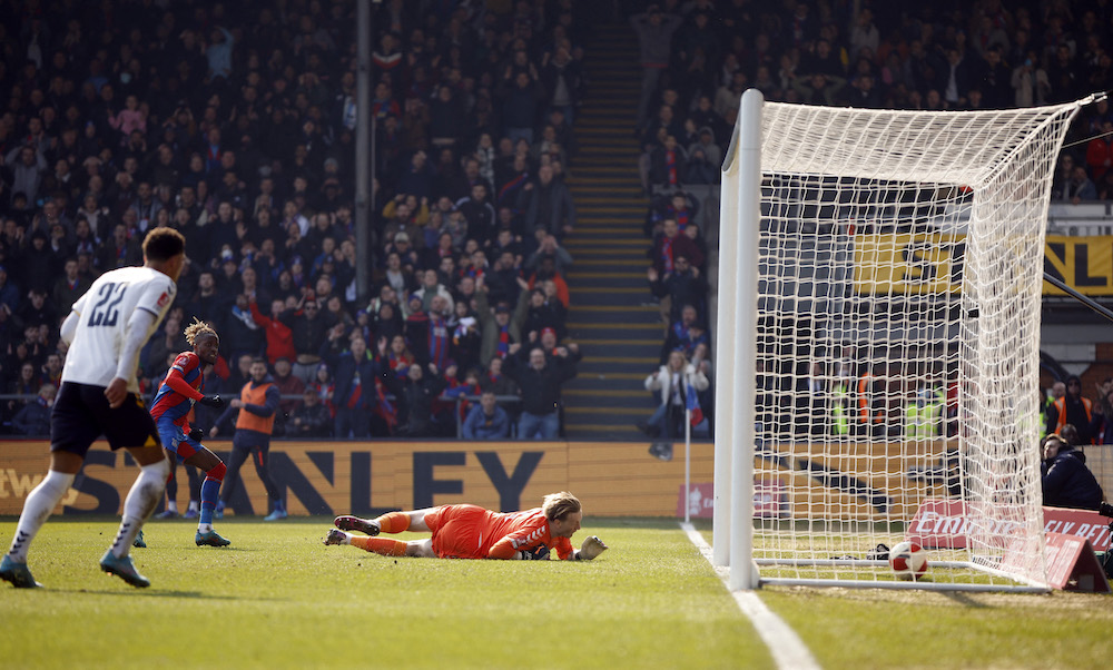 Crystal Palace's Wilfried Zaha scores their third goal during the FA Cup Quarter Final between  Crystal Palace and Everton Selhurst Park, London, Britain March 20, 2022  u00e2u20acu201d Action Images via Reuters pic